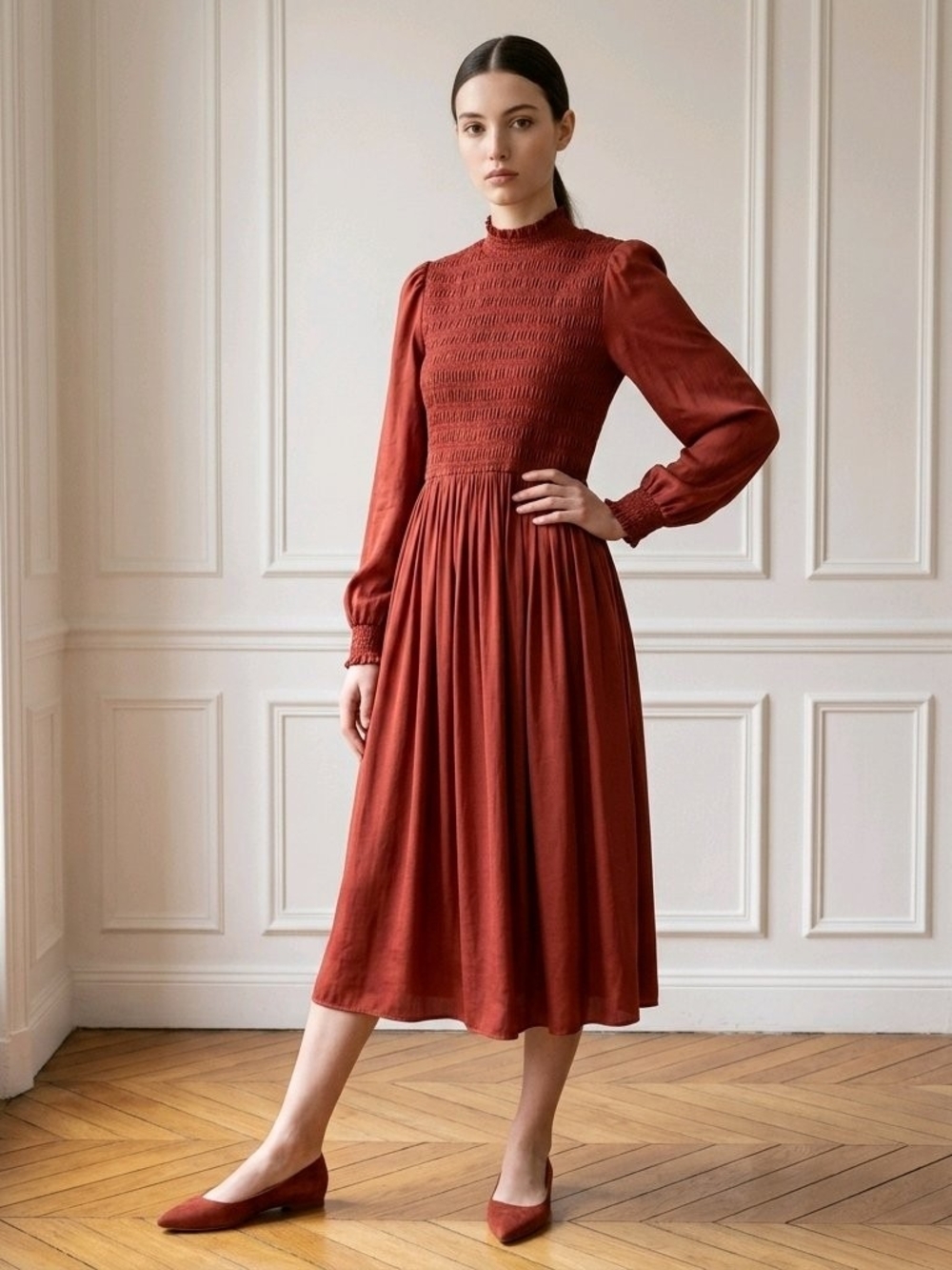 "a new day" Women's Red Smocked, Long Sleeve Dress - Comfortable Everyday Wear